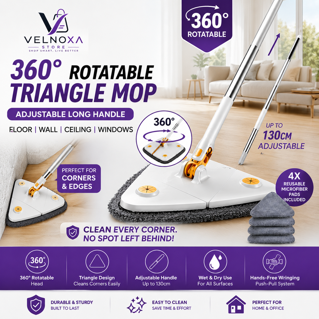 360° Rotatable Triangle Mop – Adjustable Long Handle Floor & Wall Cleaner with 4 Microfiber Pads