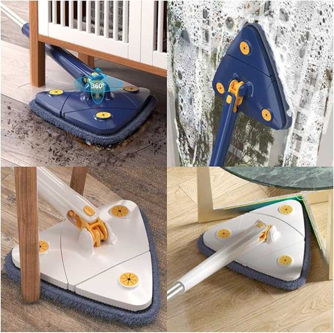 360° Rotatable Triangle Mop – Adjustable Long Handle Floor & Wall Cleaner with 4 Microfiber Pads